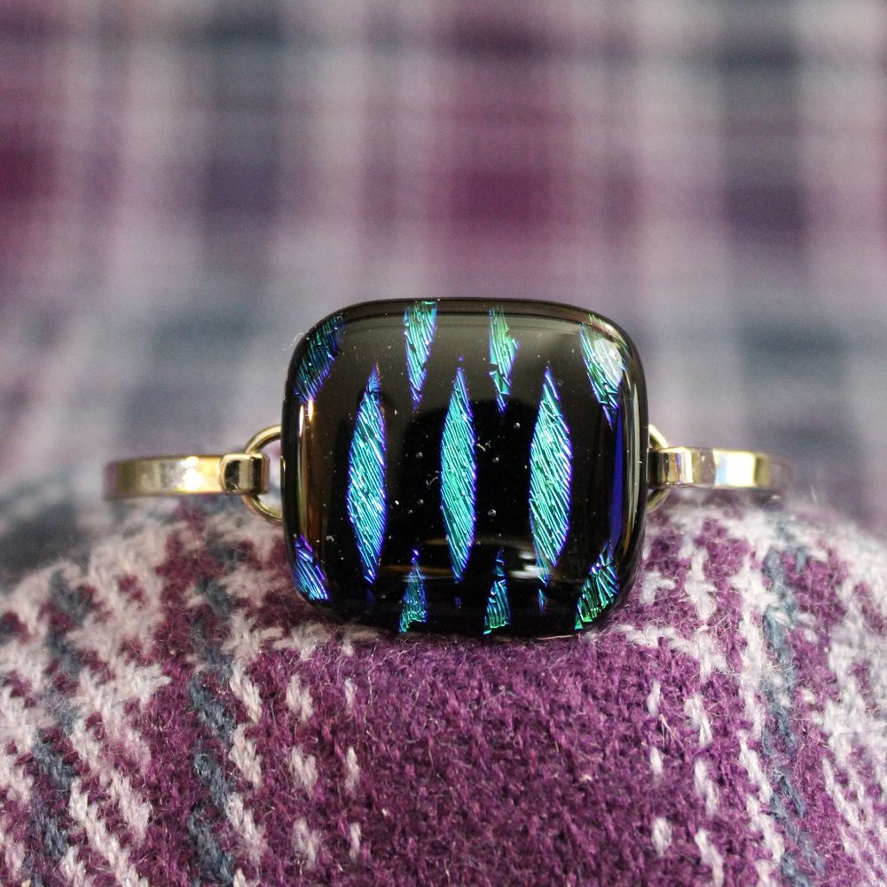 Dichroic Glass Focal Silver Tone Cuff Bangle Bracelet